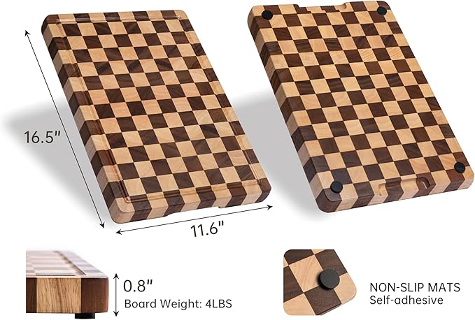 THETCHRY Cutting Boards for Kitchen, Checkered Wood Cutting Board, Walnut Chopping Board with Juice Grooves & Handles, Butcher Block Serving Tray with Gift Box 16.5" x 11.6" x 0.8"