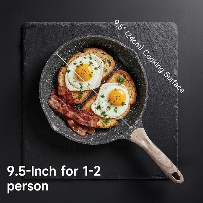 JEETEE 9.5 Inch Nonstick Frying Pan Stone Coating Cookware, Nonstick Omelette Skillet with Soft Touch Handle, Compatible with All Stoves