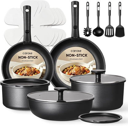 CAROTE 19Pcs Pots and Pans Set Non Stick, Cookware Set Detachable Handle, Nonstick Induction Kitchen Sets Non Stick with Removable Handle, RV Cook Ware, Oven Safe, Black
