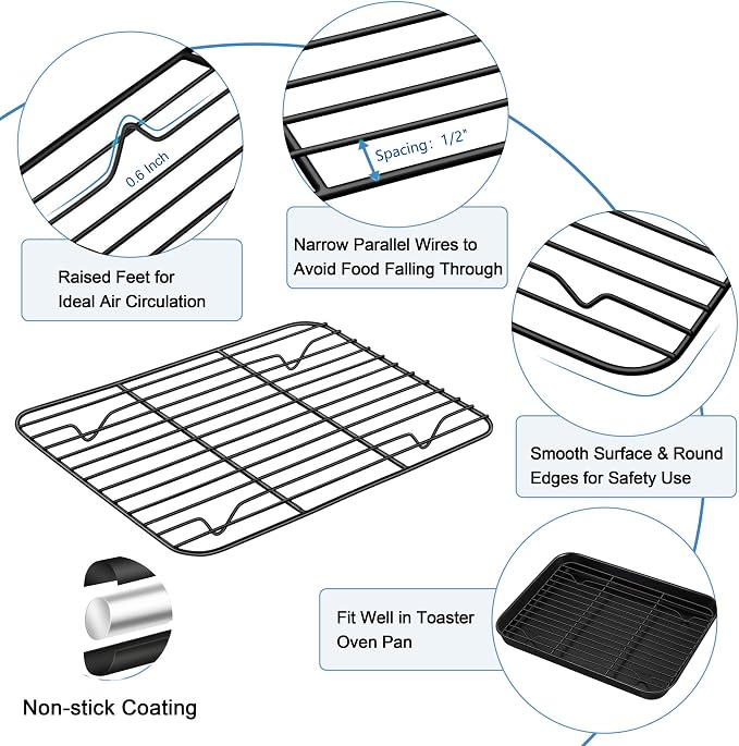 TeamFar Toaster Oven Pan with Rack Set, 9.25 x 7 x 1 Inch Carbon Steel Mini Baking Pan Tray with Cooling Rack for Roasting Cooling, Non-Toxic & Heavy Duty, Nonstick & Easy Clean