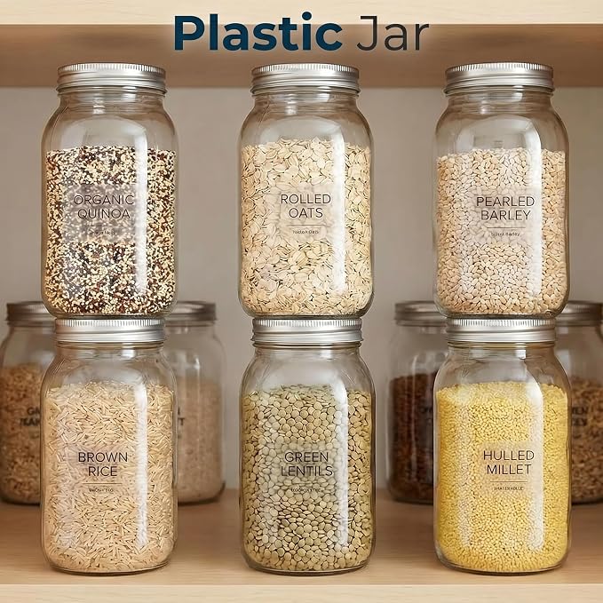 novelinks 32 oz Clear Plastic Jars with Lids, 16 Pack Large Plastic Mason Jars with Lids 32oz, Reusable Quart Containers for Kitchen Organization (16 Pack,Silver)
