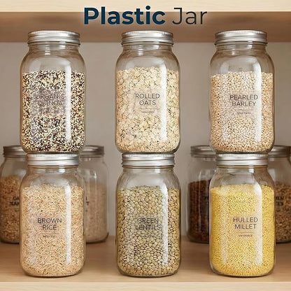 novelinks 32 oz Clear Plastic Jars with Lids, 12 Pack Large Plastic Mason Jars with Lids 32oz, Reusable Quart Containers for Kitchen Organization (12 Pack,Silver)