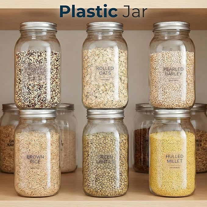 novelinks 32 oz Clear Plastic Jars with Lids, 6 Pack Large Plastic Mason Jars with Lids 32oz, Reusable Quart Containers for Kitchen Organization (6 Pack,Silver)
