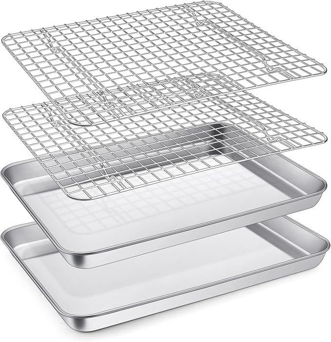P&P CHEF 12.5 Inch Toaster Oven Pan with Rack Set, Stainless Steel Baking Pan Tray and Grid Cooling Rack for Cooking/Roasting, Dishwasher Safe & Easy to Clean, Non-toxic & Sturdy, (4Pcs)