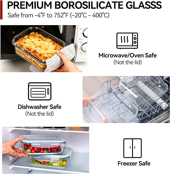 GEHE 2 Pack 52oz Large Glass Food Storage Containers with Lids, Meal Prep Container, Glass Storage Containers with Airtight Lids for Baking, Storing, Microwave/Freezer/Dishwasher Safe, BPA Free