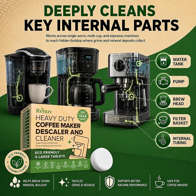 Renuv® Coffee Maker Cleaner + Dishwasher Cleaner Bundle | Heavy Duty, Kitchen Appliance Deep Cleaning, Descaling, 12 Tablets of Each