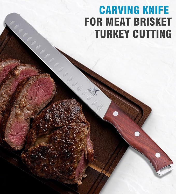 Naitesen 3PCS Professional Brisket Carving Knife Set, Butcher Knife, Very Sharp Meat Knives for BBQ Slicing Cutting Full Tang Rosewood Handle High Carbon Steel, Gifts for Men Women