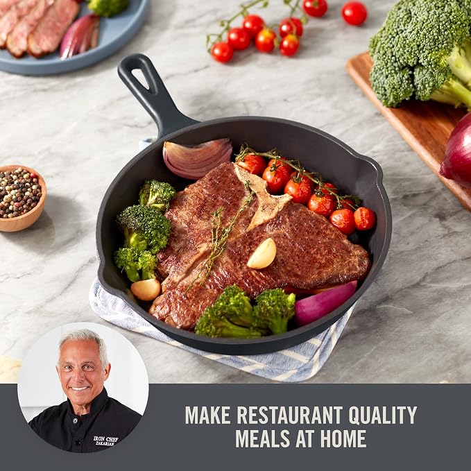 DASH Zakarian x Nonstick Cast Iron Skillet - Versatile Frying Pan Cookware - Oven-Safe Searing Skillet with Pour Spout and Quick-Clean Surface - Rust-Resistant - Black, 7.5-Inch
