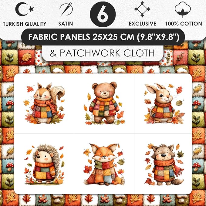 Autumn Animals Patchwork Cotton Fabric Panel – 6 Designs (10×10 inch Each) + Bonus Patchwork Sheet 29.5×19.6 inch, 100% Cotton 140 GSM