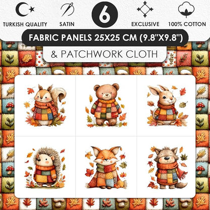 Autumn Animals Patchwork Cotton Fabric Panel – 6 Designs (10×10 inch Each) + Bonus Patchwork Sheet 29.5×19.6 inch, 100% Cotton 140 GSM