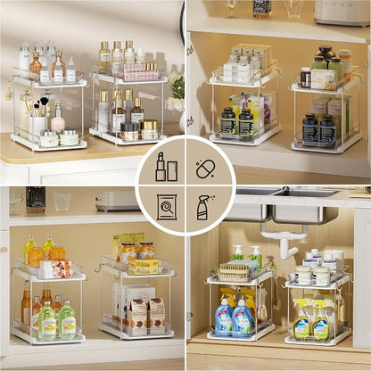 Delamu 2 Tier Under Sink Organizer Bathroom, Bathroom Cabinet Organizer with Snap-Lock Design and Hooks, Pull Out Storage with Movable Dividers, for Countertop, Kitchen and Pantry (White, 2 Pack)