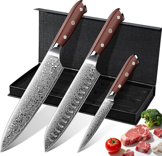Purple Dragon Damascus Knife Set - 3 PCS Kitchen Knife Set - VG10 Steel Japanese Chef Knives 8 Inch Santoku 7 Inch Paring Knives 5 Inch- Gifts for Men and Women
