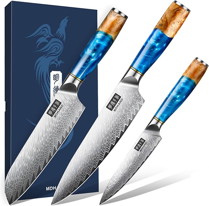 MDHAND Japanese Knife Set, 3PCS Professional Chef Knife Set, VG10 Steel Kitchen Knife Set with Azure Timber Collection Handle, Ultra Sharp Kitchen Knives Set for Home Cooking, Gifts for Men Women