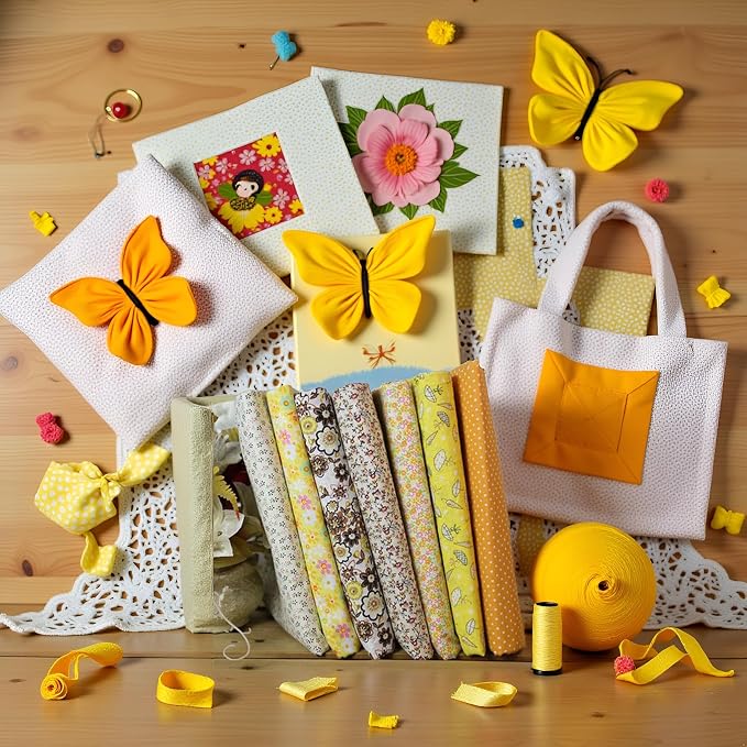 7Pcs Square Shape, Flower, Striped, Polka Dot Cotton Fabric for Sewing, 25x25cm Cotton Flower Polka Dot Bundle DIY Patchwork Quilt Cloth,Craft and Hobby Fabric (Yellow)