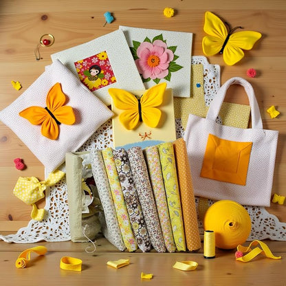 7Pcs Square Shape, Flower, Striped, Polka Dot Cotton Fabric for Sewing, 25x25cm Cotton Flower Polka Dot Bundle DIY Patchwork Quilt Cloth,Craft and Hobby Fabric (Yellow)