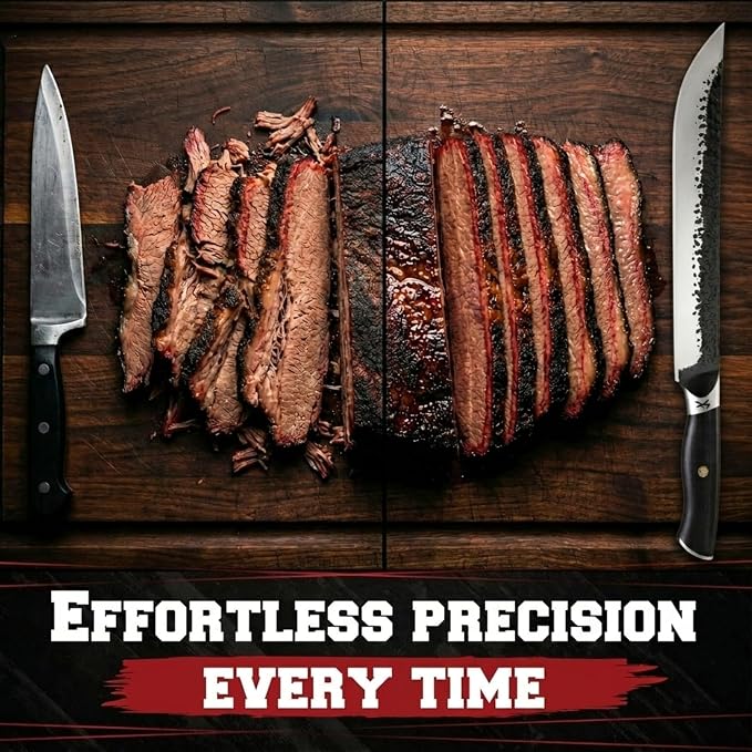 Kitchen perfection 12" Handmade Brisket Knife, Meat Cutting Carving & Slicing BBQ Knife For Men – Insanely Sharp San Mai Steel, W/Leather Sheath Premium Ergonomic Handle, Best Grilling Gifts for Men