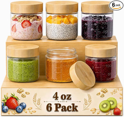HomArtist 4oz Glass Salad Dressing Containers with Bamboo Lids - 6 Pack Small Airtight Condiment Cups, Mini Sauce Jars for Picnic, Ketchup, Dip & Snacks, Leakproof, BPA-Free & Dishwasher Safe