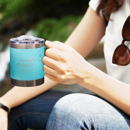 Christian Art Gifts Stainless Steel Double Wall Vacuum Insulated Camp Style Travel Mug 11 oz Floral Teal Coffee Mug with Lid and Handle for Women - Strength and Dignity - Proverbs 31:25