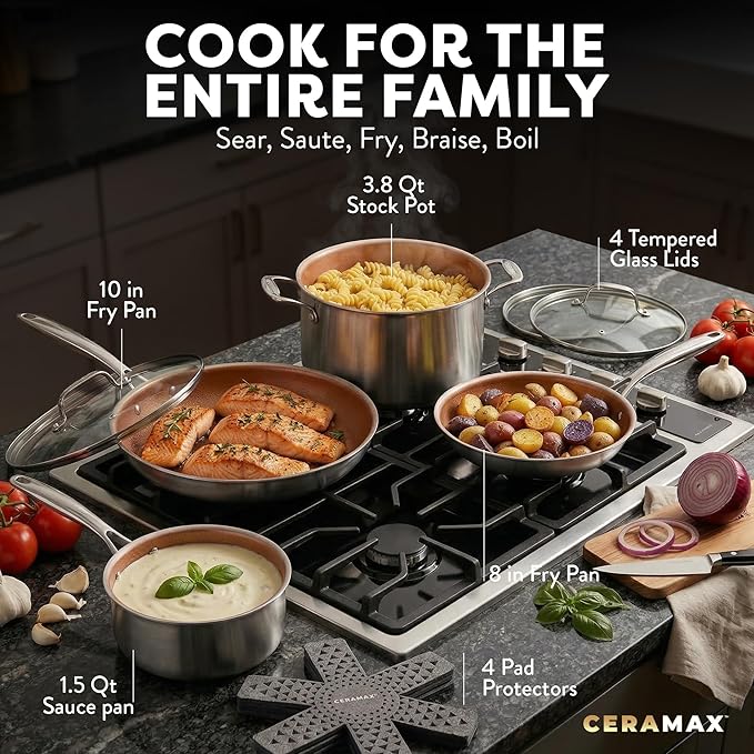 Gotham Steel Ceramax 12 Pcs Tri Ply Hybrid Stainless Steel Cookware Set, Ceramic Pots and Pans Set Non Stick with Induction Cookware, Made Without PTFE PFOA, Metal Utensil, Oven and Dishwasher Safe