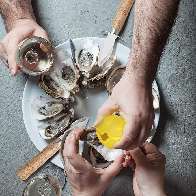 Oyster Shucking Knife Wood Handle Shucker Opener Tools and Cut Resistant Level 5 Protection Gloves Set Seafood Kit(1cloth+1lemon squeezer)