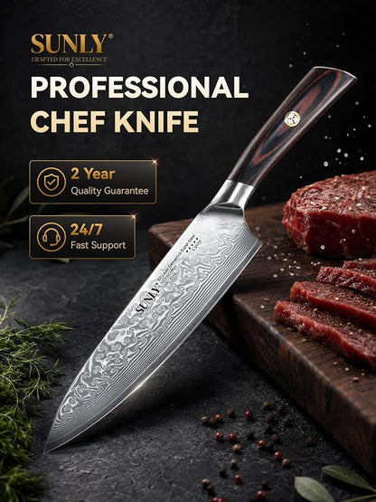 SUNLY Chef Knife, 8 Inch Damascus Kitchen Knife with Japanese VG10 Core, 67 Layer Steel, Sharp Chip Resistant Edge, Balanced Pakkawood Handle for Meat, Fruits, Vegetables, Gift for Father