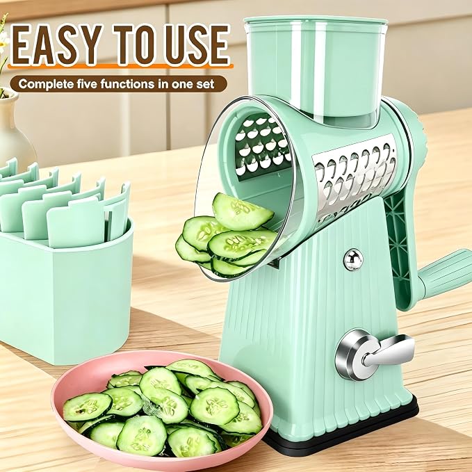 Rotary Cheese Grater with 5 Well-designed Blades & Strong Suction Base, Kitchen Mandoline Vegetable Slicer with Blade Storage Box (Aqua)
