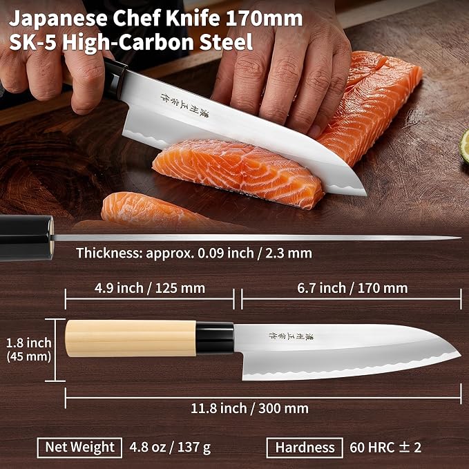 6.7 Inch Santoku Knife, Made in Japan, SK-5 High Carbon Steel Kasumi Japanese Chef Knife with Octagonal Natural Wood Handle, Kitchen Knife for Slicing Meat & Vegetables