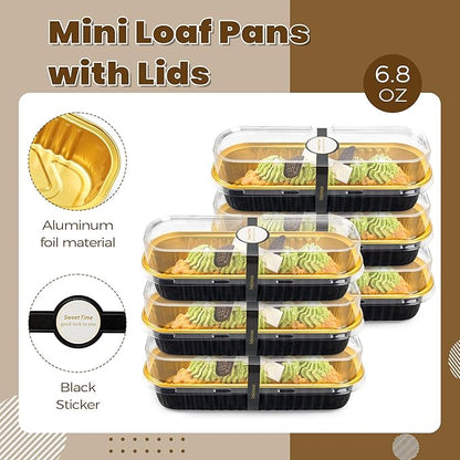 100 Pack Mini Loaf Pans with Lids Rectangle Individual Cake Pans Aluminum Foil Pans for Large Gatherings Picnics Vacations Parties, Graduation Gifts Party Favors(Black Gold, 6.8 OZ)