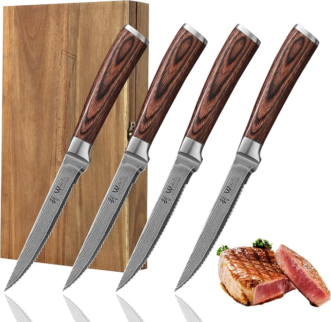 Wakoli EDIB 4-Piece Damascus Steak Knife Set, VG10 Core 67-Layer Damascus Steel Steak Knives with Pakkawood Handles, Premium Dining Cutlery Gift Box for Steak, Meat, Roasts & Poultry, Hand Wash Only