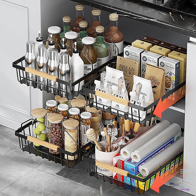 2 Pack No Drill Pull Out Cabinet Organizer, Carbon Steel Slide Out Drawer with Nano Adhesive, Kitchen Pantry Bathroom Under Cabinet Storage, Black
