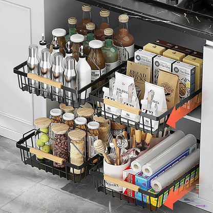 2 Pack No Drill Pull Out Cabinet Organizer, Carbon Steel Slide Out Drawer with Nano Adhesive, Kitchen Pantry Bathroom Under Cabinet Storage, Black
