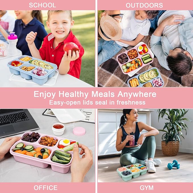 Caperci Bento Box Adult Lunchable Container - Reusable 3-Pack Snack Box Containers with 5-Compartment & 3pc Dressing Cups, BPA-Free Food Storage for Meal Prep, School, Work (Vintage Colors)