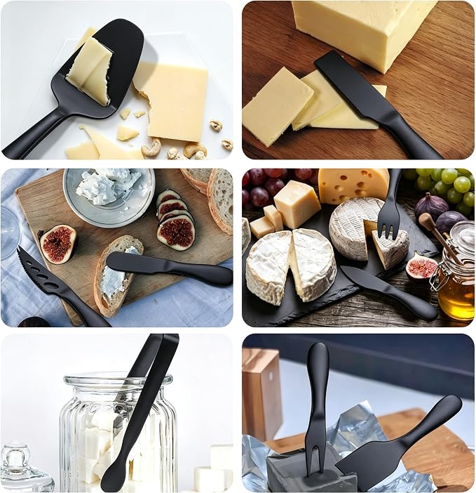Premium Stainless Steel Black Cheese Tool Set - 12 Piece Cheese Knife & Cheese Markers Gifts Set - Cut, Butter Spreader Slicer Mini Serving Tongs,Birthday Wedding Christmas All Your Favorite Cheeses
