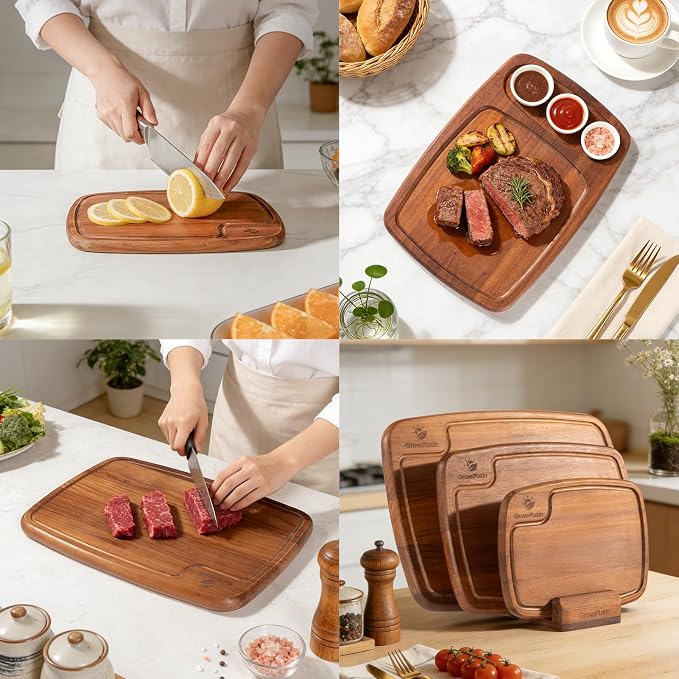 Dark Oak Wood Cutting Boards for Kitchen (Set of 3), Heavy Duty Chopping Board with Deep Juice Groove, Reversible Designed, Storage Stand & Oiling Brush