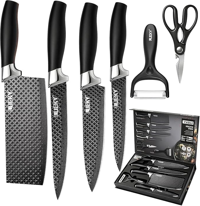Knife Set, 6 Pieces Kitchen knife Set with Healthy Anti-Rust Coating, Stainless Steel Professional Chef Knife Sets with Elegant Box, Kitchen Knives with Scissors & Peeler for Cooking, Dishwasher Safe