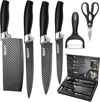 Knife Set, 6 Pieces Kitchen knife Set with Healthy Anti-Rust Coating, Stainless Steel Professional Chef Knife Sets with Elegant Box, Kitchen Knives with Scissors & Peeler for Cooking, Dishwasher Safe