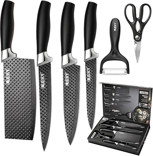 Knife Set, 6 Pieces Kitchen knife Set with Healthy Anti-Rust Coating, Stainless Steel Professional Chef Knife Sets with Elegant Box, Kitchen Knives with Scissors & Peeler for Cooking, Dishwasher Safe