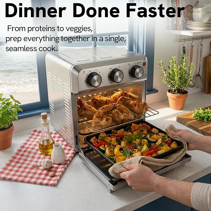 VAL CUCINA 6-in-1 Air Fryer Toaster Oven Combo, Compact 12.7 QT Small Countertop Convection Oven, Fits 9" Pizza & 4 Toast, Hexagon Hybrid Heating, Enamel Baking Pan Included, Stainless Steel Finish