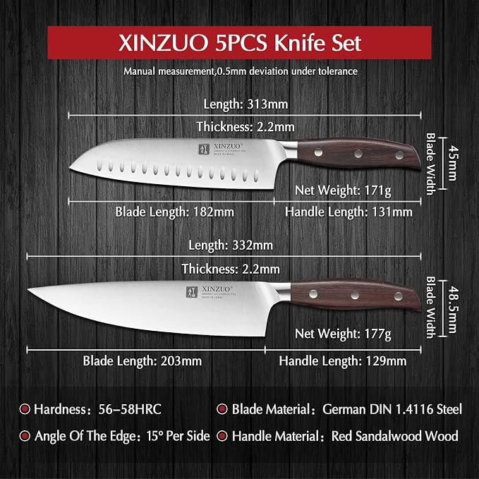XINZUO German Stainless Steel Knife Set, 5Pcs Professional Chef Knife Sets for Chefs, Ultra Sharp,Chef Santoku Slicing Petty Paring Knife with Red Sandalwood Handle
