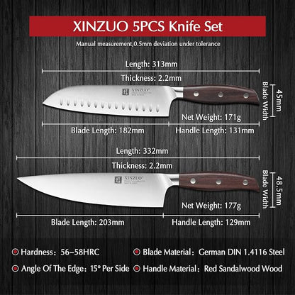 XINZUO German Stainless Steel Knife Set, 5Pcs Professional Chef Knife Sets for Chefs, Ultra Sharp,Chef Santoku Slicing Petty Paring Knife with Red Sandalwood Handle