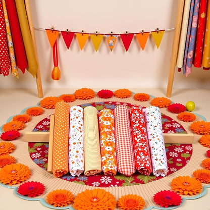 7Pcs Orange Cotton/Polyester Fabric Bundle Squares Patchwork DIY Sewing Scrapbooking Quilting Floral Dot Pattern Fabric 10" x 10" (25cm x 25cm) Arts, Crafts and Sewing