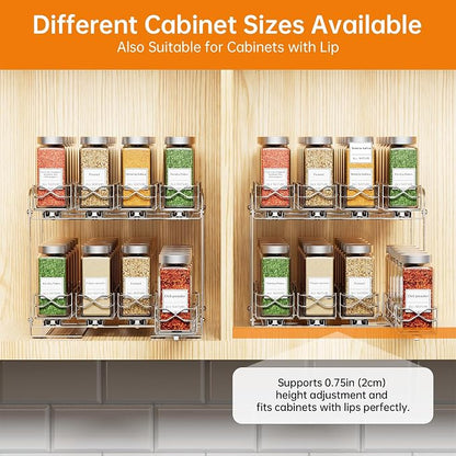 Pull Out Spice Rack Organizer for Cabinet, 2 Tier Individual Slide Drawer, Chrome Cabinet Spice Organizer, Fits 4oz Spice Jars(Max Diameter 2.0in), Height Adjustable Spice Rack,2 Installation Methods