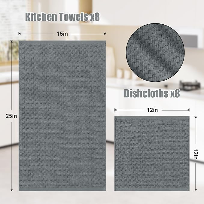 Homaxy 100% Cotton Kitchen Towels and Dishcloths Set, 12 x 12 & 15 x 25 Inches, Set of 16 Bulk Terry Cloth Dish Towels, Super Soft and Absorbent Hand Towel with Hanging Loop, Dark Grey