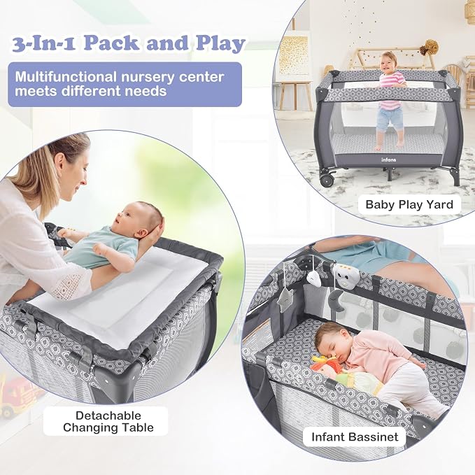 INFANS 3 in 1 Pack and Play, Portable Travel Baby Bassinet with Detachable Mattress, Changing Table, Foldable Playpen with Carry Bag, 2 Wheels (Classic)