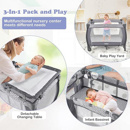 INFANS 3 in 1 Pack and Play, Portable Travel Baby Bassinet with Detachable Mattress, Changing Table, Foldable Playpen with Carry Bag, 2 Wheels (Classic)