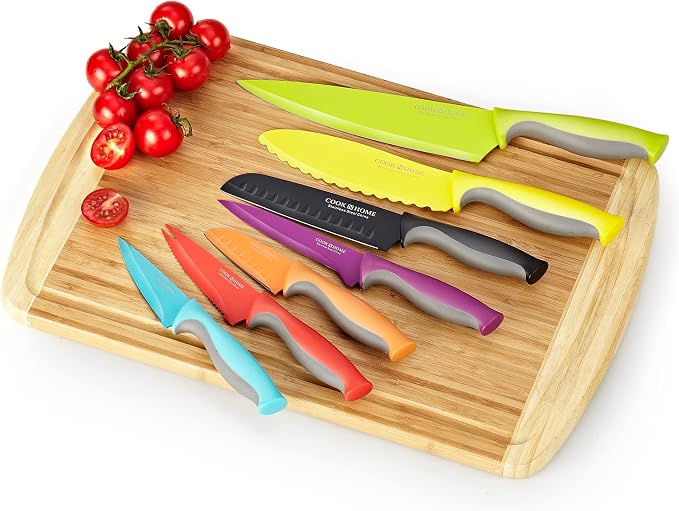 Cook N Home Basics Cutlery Kitchen Knife Set, Coated Carbon Stainless Steel Knife Set with Sheaths, Non-stick Sharp Blades, Multicolor, 14-Piece with Ergonomic Handles