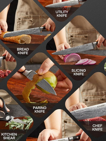 Kitchen Knife Set, FOHERE Knives Set with Magnetic Knife Holder and Sharpener, 7 Pieces Sharp Chef Knife Set with Ergonomic Handle, High Carbon Stainless Steel Knives Set for kitchen