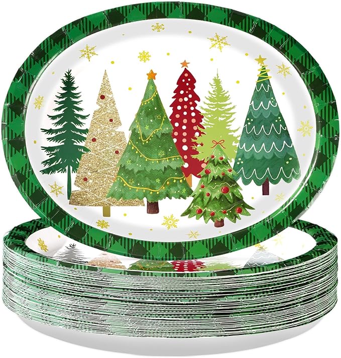 50Pcs Christmas Tree Oval Plates 10" x12" Large Christmas Tree Heavy Duty Paper Plates Santa Trees Disposable Platters Tableware for Winter Holiday Xmas Party Decorations