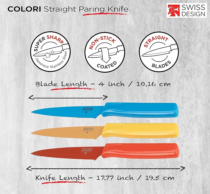 Kuhn Rikon Straight Paring Knife with Safety Sheath, 4 inch/10.16 cm Blade, Red, Yellow & Blue (Pack of 1) | Protective Sheaths, Japanese Stainless Steel, Fruit and Vegetable Knives
