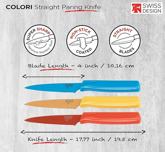 Kuhn Rikon Straight Paring Knife with Safety Sheath, 4 inch/10.16 cm Blade, Red, Yellow & Blue (Pack of 1) | Protective Sheaths, Japanese Stainless Steel, Fruit and Vegetable Knives